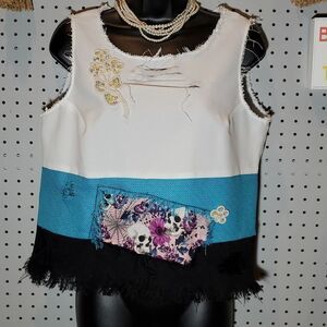Glammed Up Grunge Skulls & Beads Trashed Upcycled Ladies Shell Blouse, Sz 10P